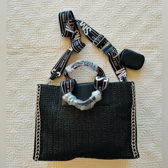 New Steve Madden Black Textured Tote Handbag with an Adjustable/Detachable Stap - Picture 6 of 7